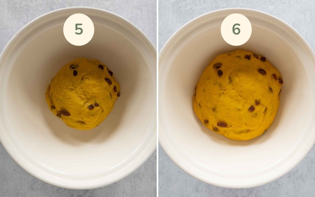 Saffron bun dough in a mixing bowl rising