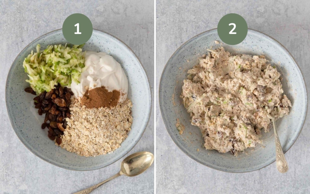 The yoghurt, apple and oat base for apple pie bircher