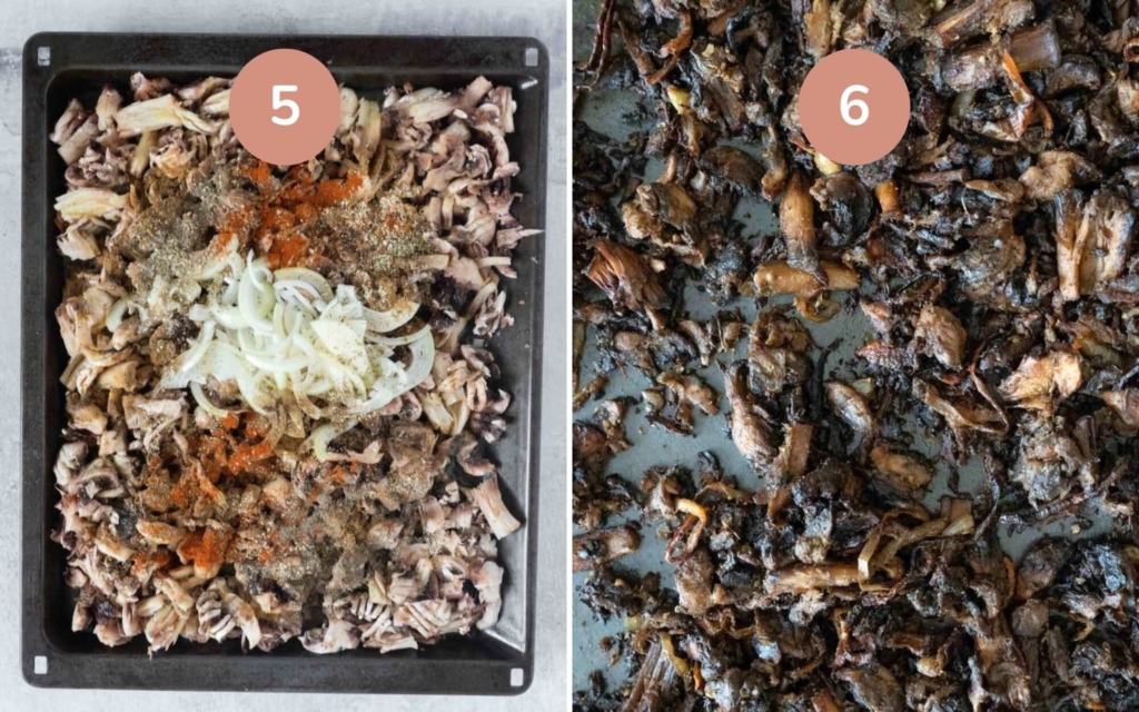 Cooking shredded mushrooms on a large tray