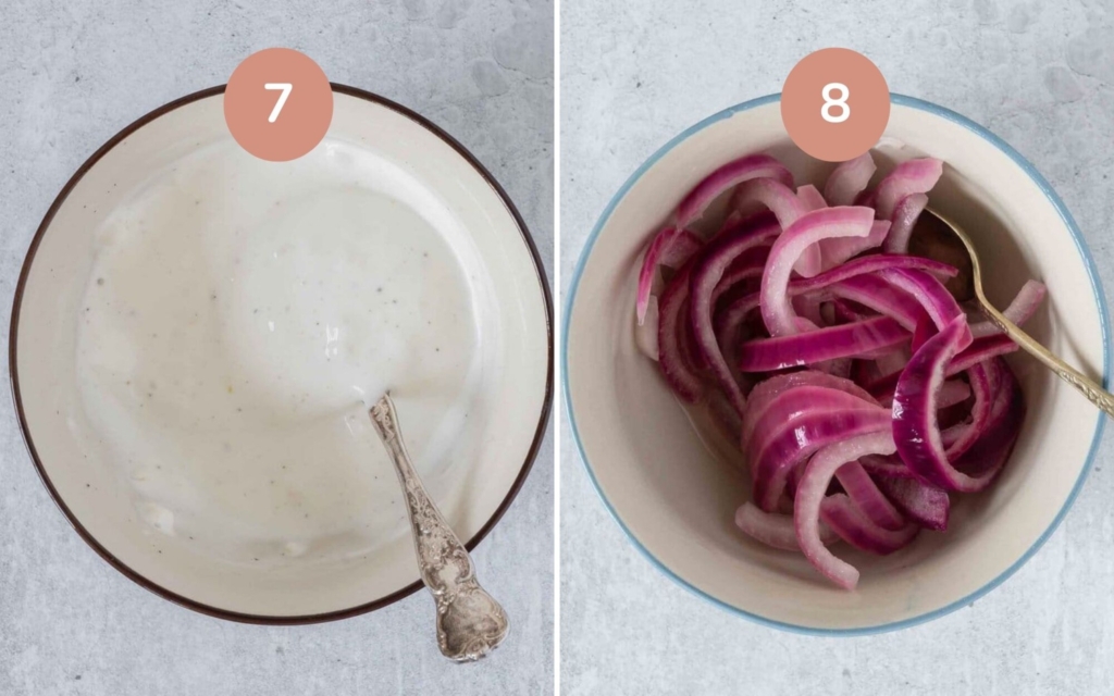 Garlic mayo and pickled red onions in two bowls