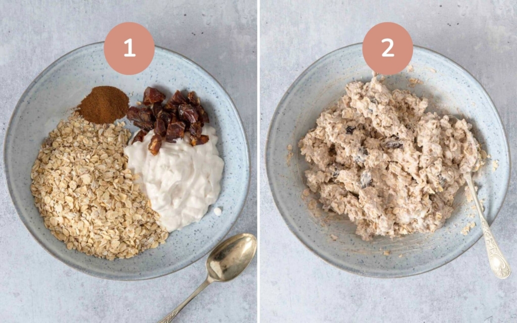 The oat and yoghurt base for blueberry muffin bircher stirred together in a bowl