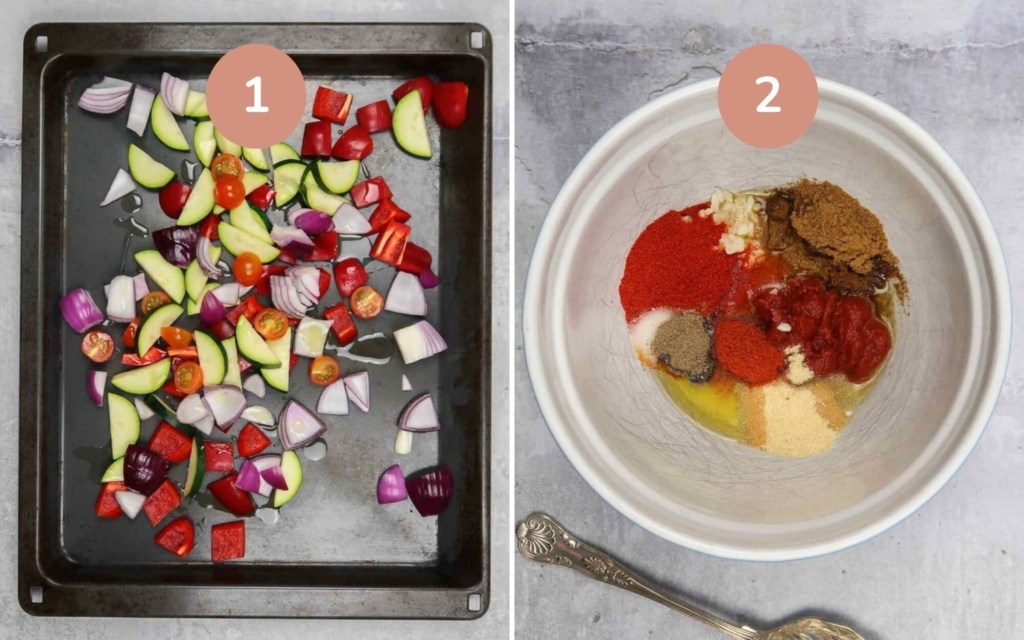 A tray of roasted vegetables and a bowl of spices side by side