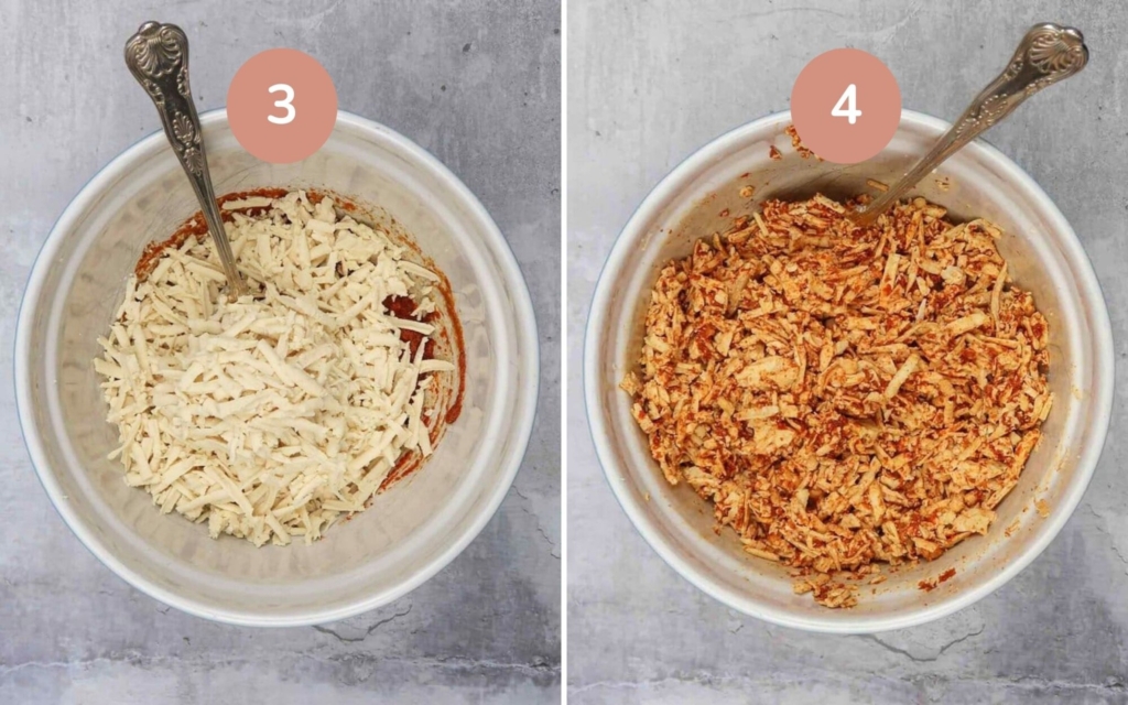 Mixing grated tofu in spices and tomato puree to make shredded tofu kebabs