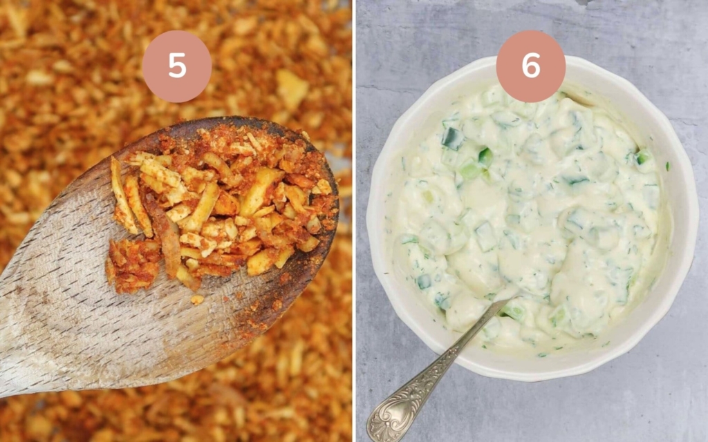 Crispy baked shredded tofu kebab meat and a bowl of homemade vegan tzatziki
