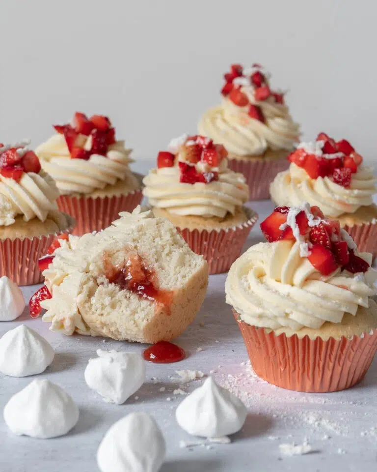 Pretty Eton Mess Cupcakes with a fluffy vanilla sponge filled with sticky strawberry jam, topped with vanilla buttercream, fresh strawberries and crumbled vegan meringue