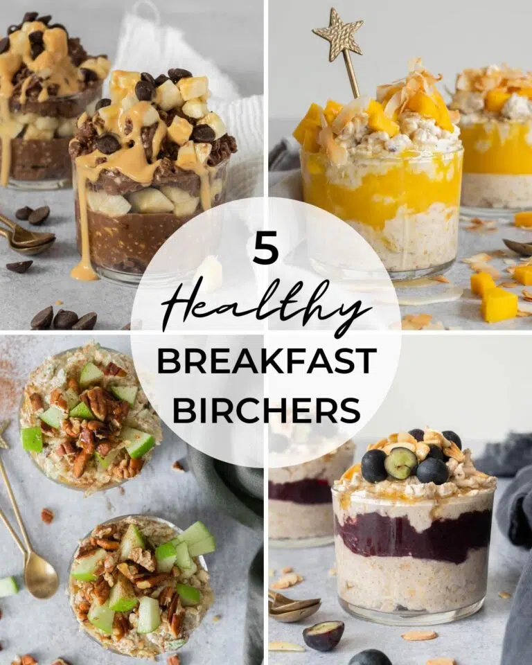 5 healthy breakfast birchers including apple pie flavour, blueberry muffin, mango colada, chocolate peanut butter and carrot cake.