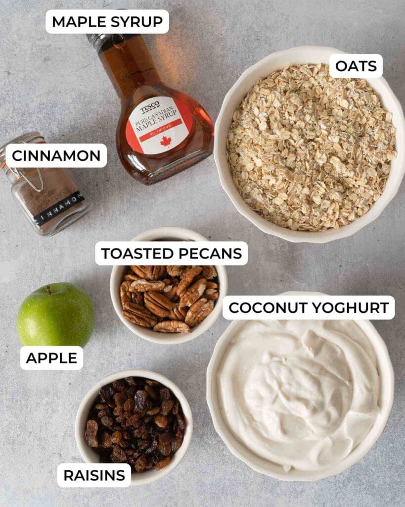 The ingredients needed to make vegan apple Pie Bircher