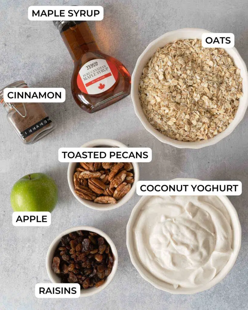 The ingredients needed to make vegan apple Pie Bircher