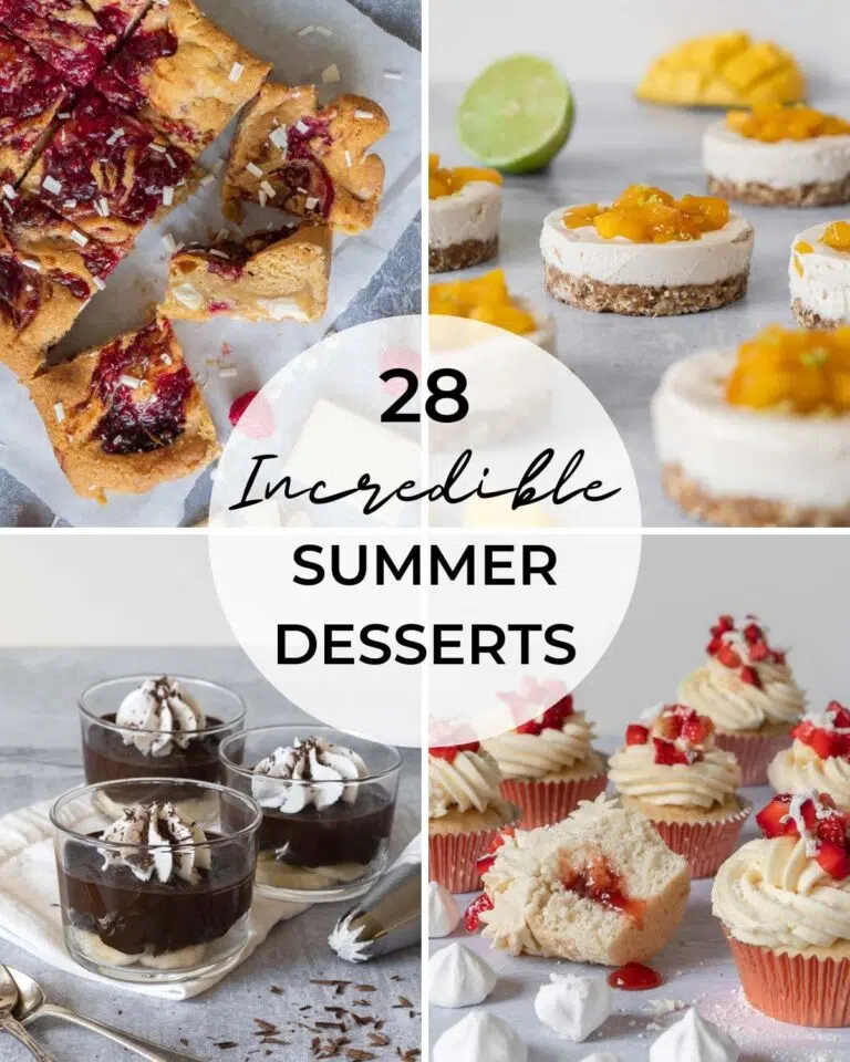 A selection of vegan summer desserts including Eton mess cupcakes, chocolate avocado puddings, sticky mango cheesecakes and raspberry and white chocolate blondies.