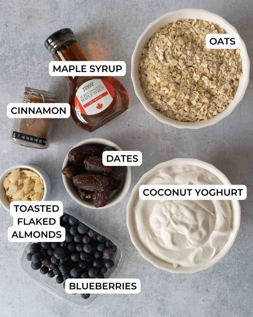 The ingredients needed to make blueberry muffin bircher
