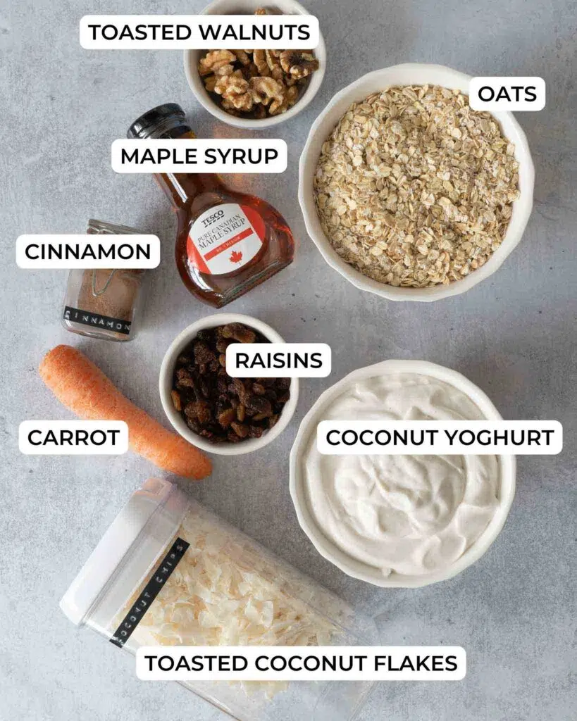 The ingredients to make carrot cake bircher