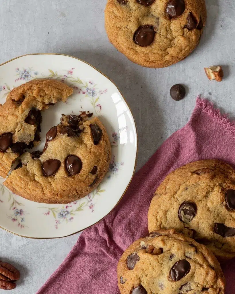 Deliciously soft and chewy vegan cookies fresh from the oven with melty chocolate chips and caramelised pecan pieces