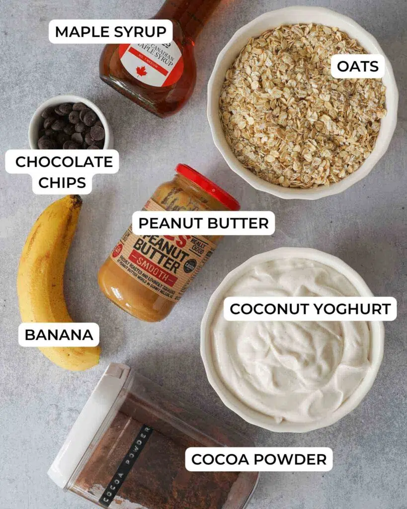 The ingredients needed to make chocolate peanut butter bircher