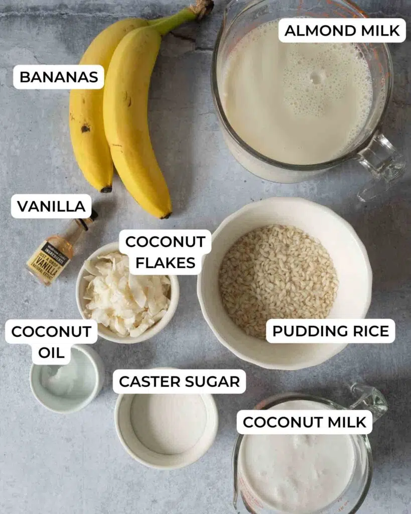The ingredients needed to make creamy Coconut Rice Pudding