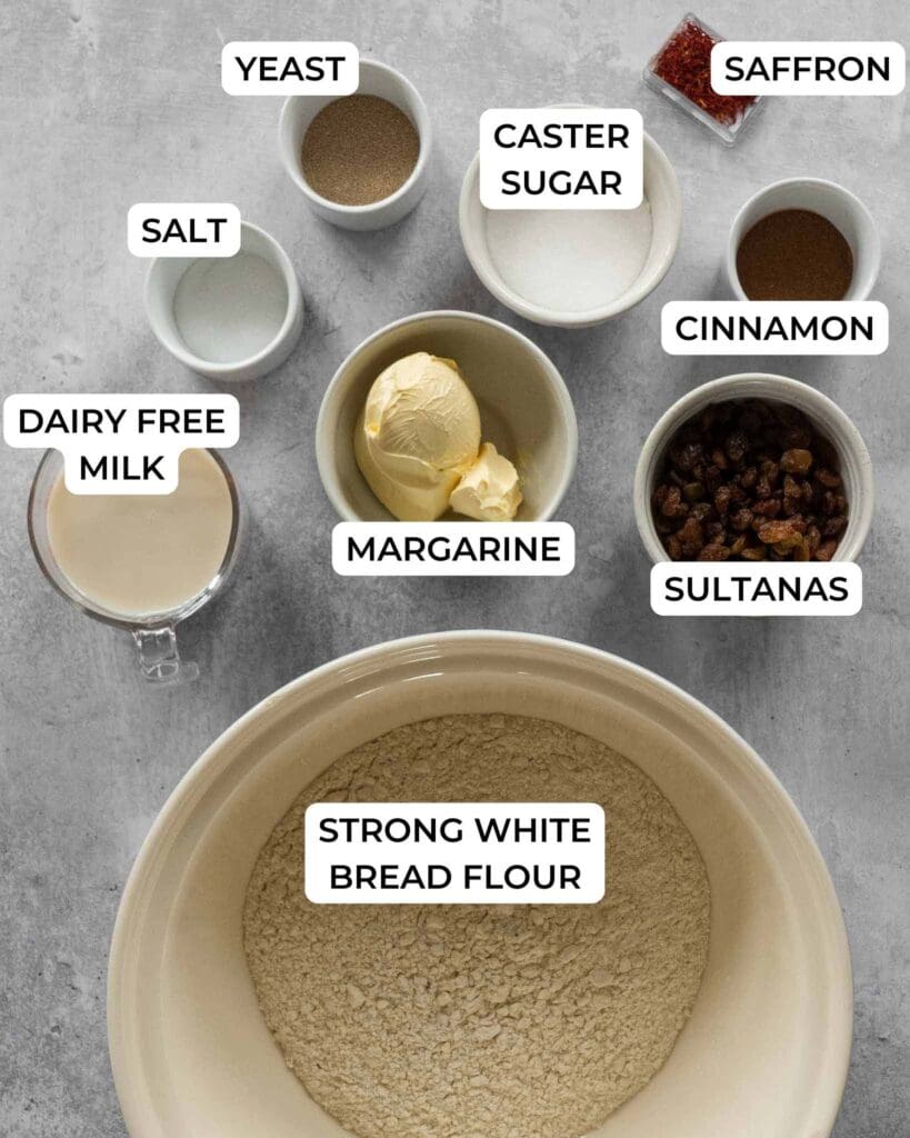 The ingredients needed for making Cornish Saffron Buns