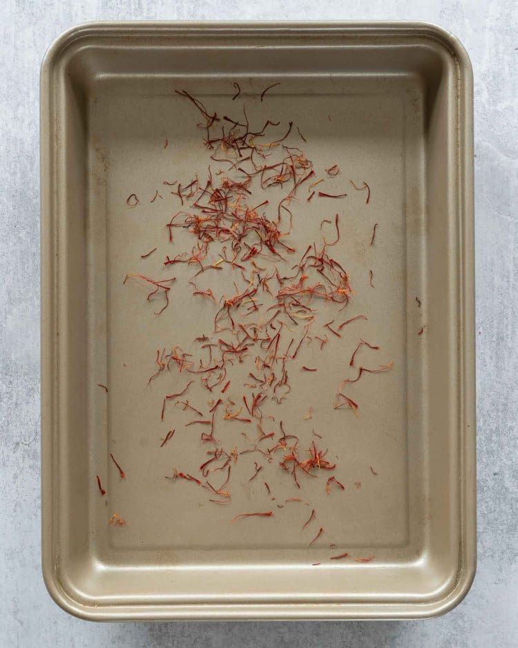 Saffron strands on baking tray