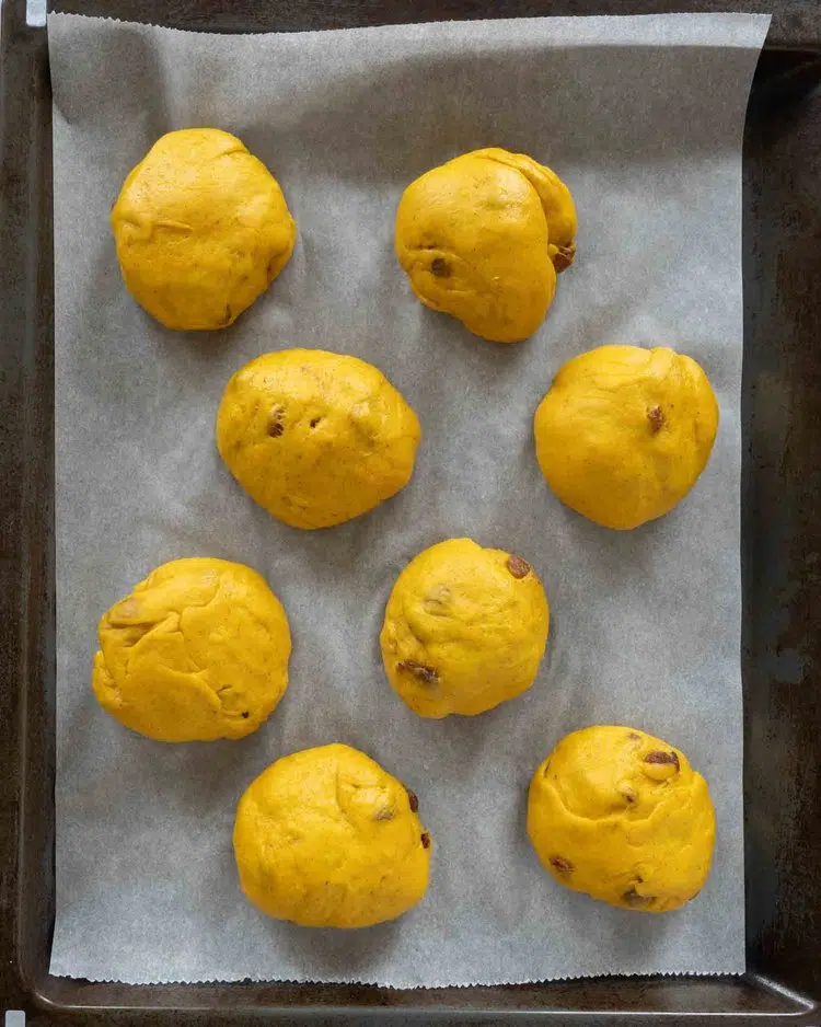 Cornish Saffron Buns on a baking tray ready to go in the oven