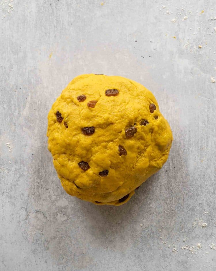 Golden Cornish Saffron Bun dough studded with juicy sultanas
