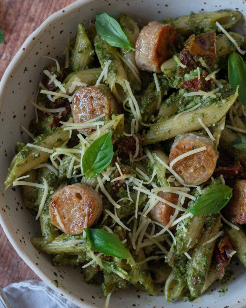 Crispy Sausage Pasta with Sun-Dried Tomato and Pesto