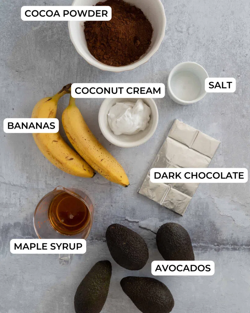 The ingredients used to make easy chocolate avocado pudding