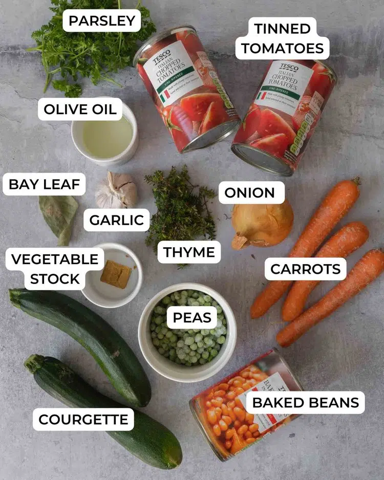 The ingredients needed to make farmhouse vegetable soup