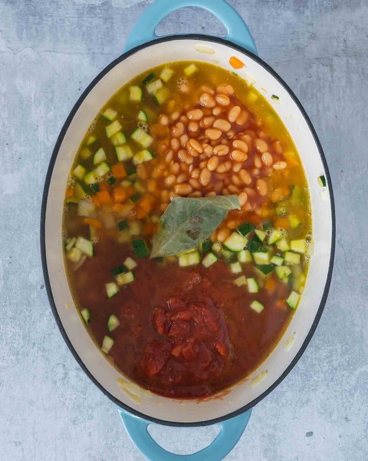 The ingredients for making farmhouse vegetable soup in a large saucepan