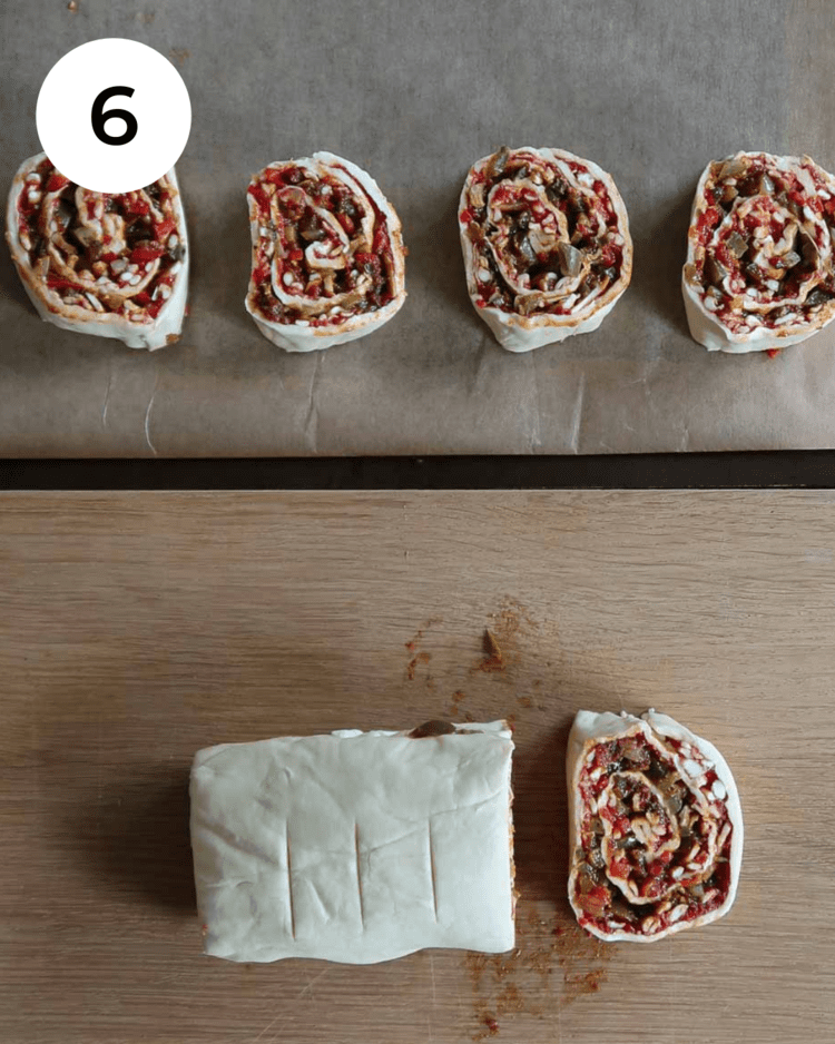 Spirals of puff pastry filled with spicy Mexican veggies and sprinkled with fresh herbs.