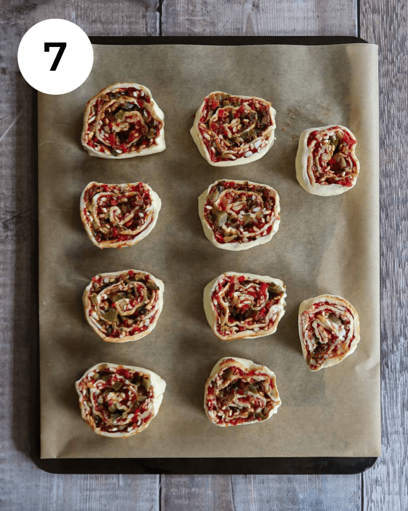 Spirals of puff pastry filled with spicy Mexican veggies and sprinkled with fresh herbs.