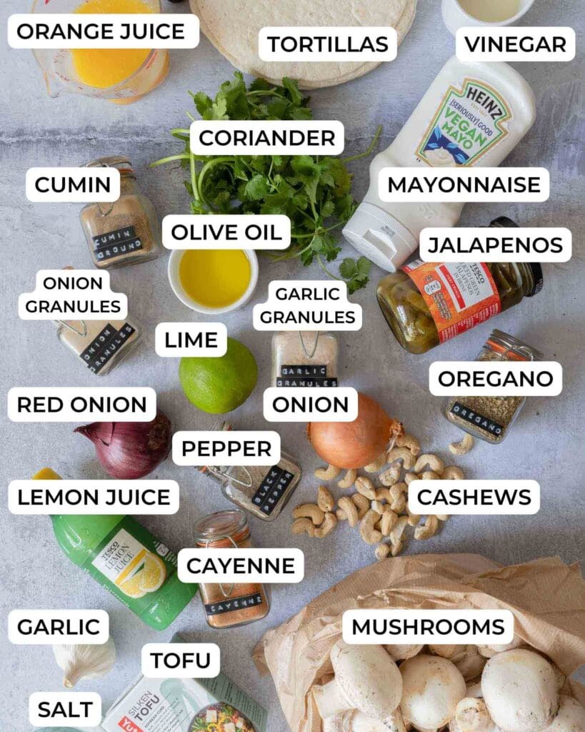 The ingredients needed to make shredded mushroom carnitas