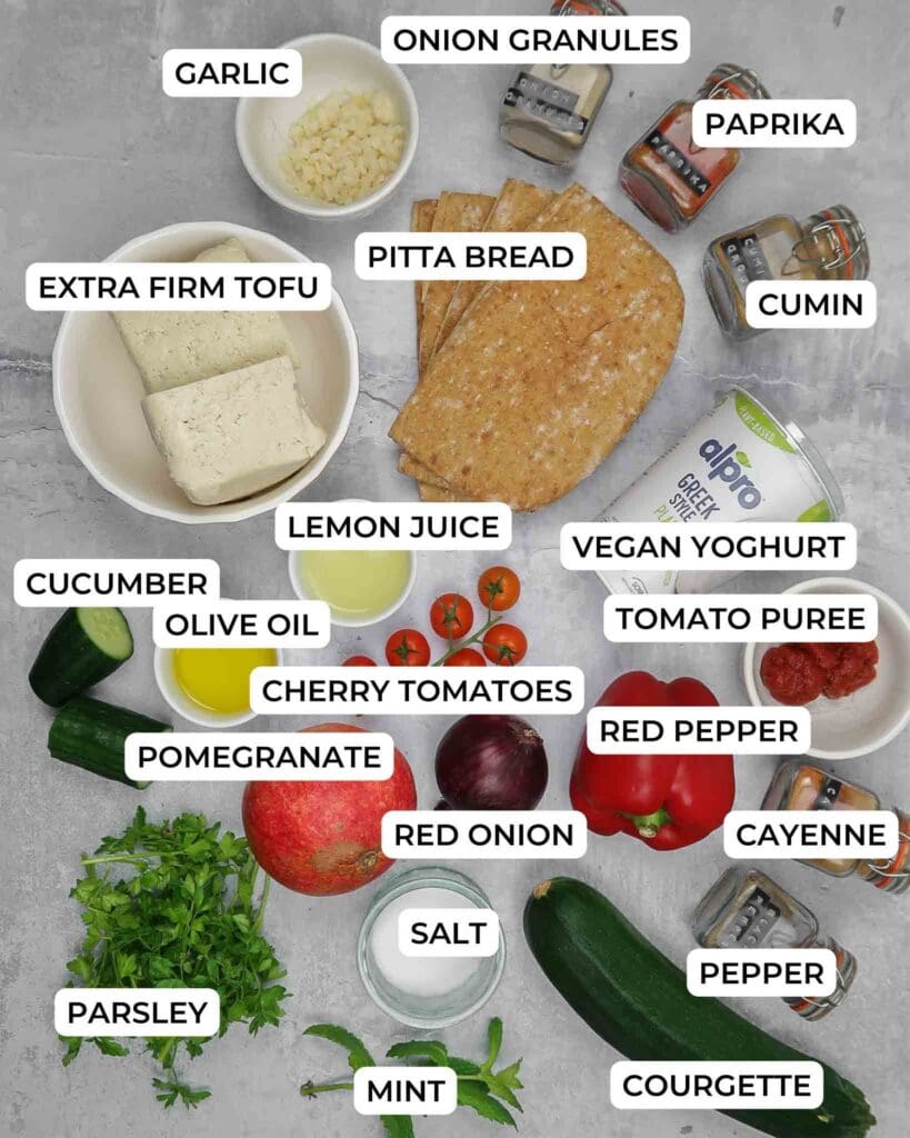 The ingredients needed to make shredded tofu kebabs