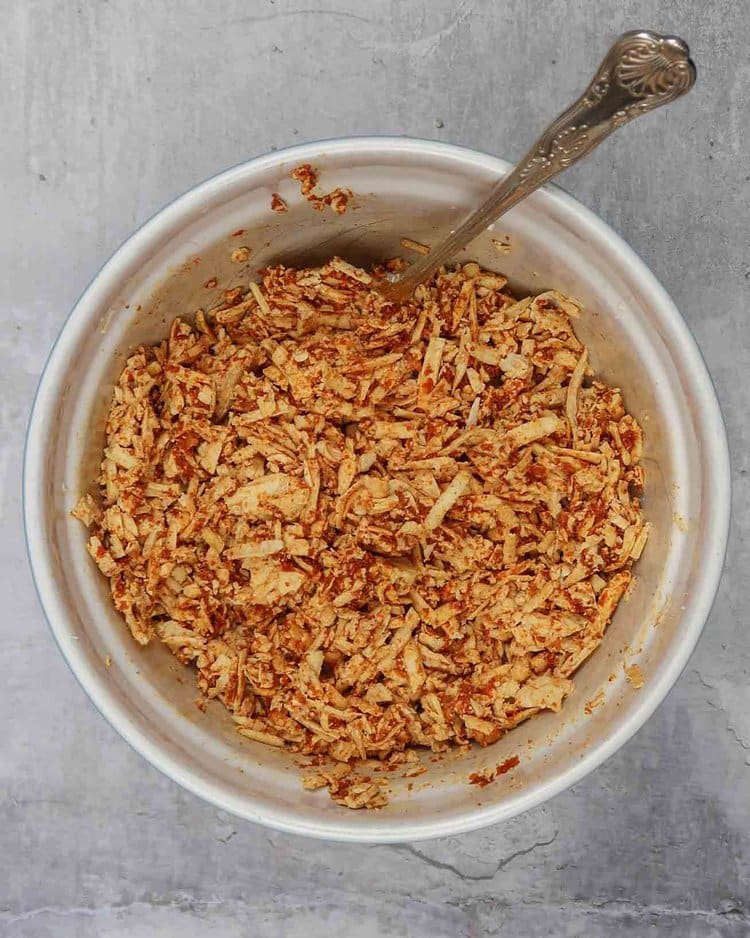 Spiced shredded tofu kebab 'meat' in a bowl