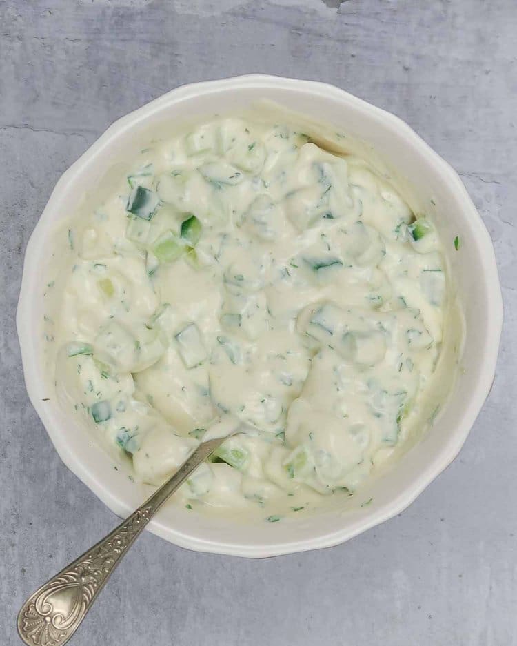 Freshly made vegan tzatziki in a bowl