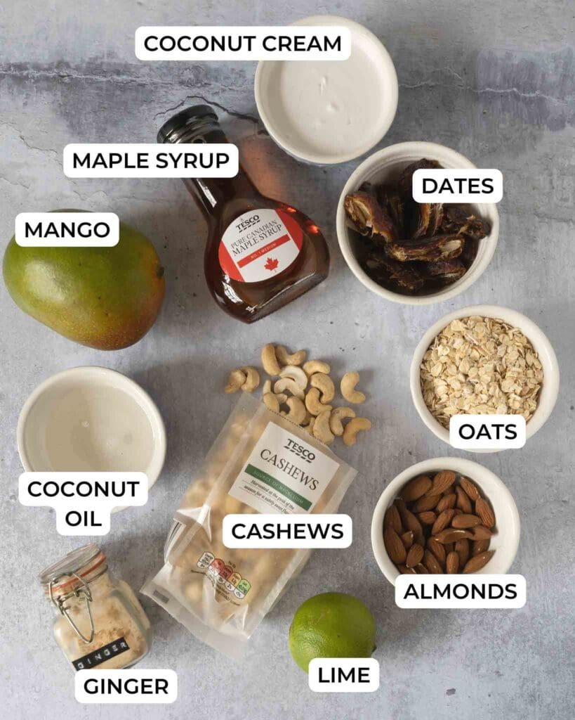 The ingredients needed to make sticky mango cheesecakes