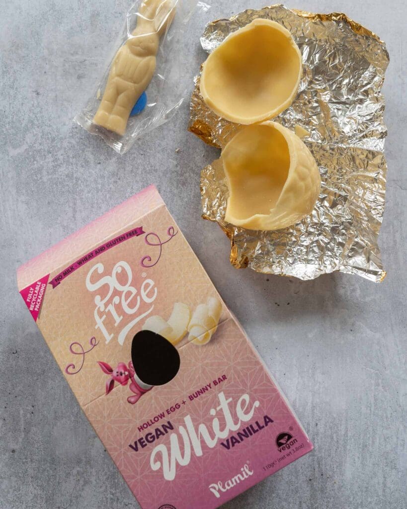 Plamil So Free White Easter egg broken open on a table top