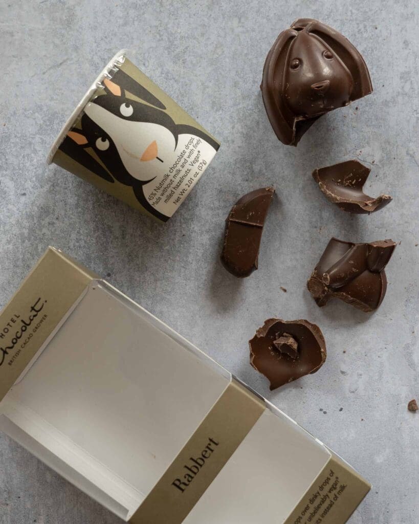 Hotel Chocolat Rabbert Easter egg broken open on a table top