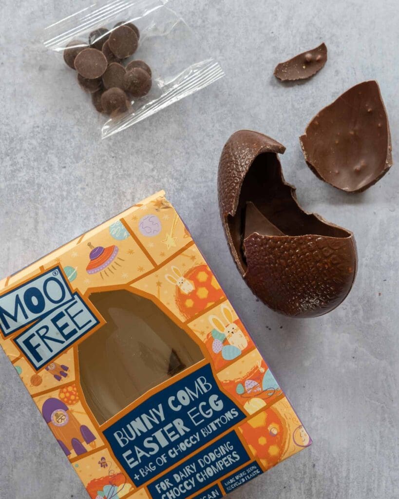 Moo Free Bunnycomb Easter egg broken open on a table top