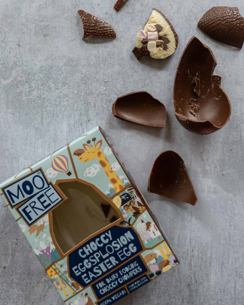 Moo Free Choccy Eggsplosion Easter egg broken open on a table top