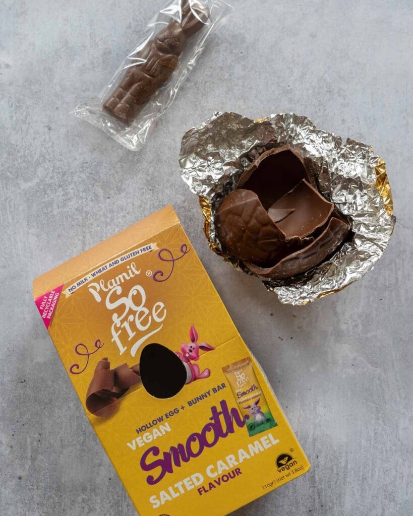 Plamil So Free Salted Caramel Easter egg broken open on a table top