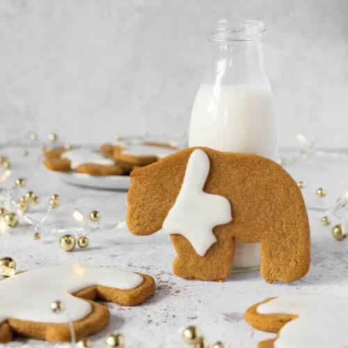 A vegan gingerbread cookie shaped like a bear, wearing a white icing scarf, stood up against a little bottle of oat milk