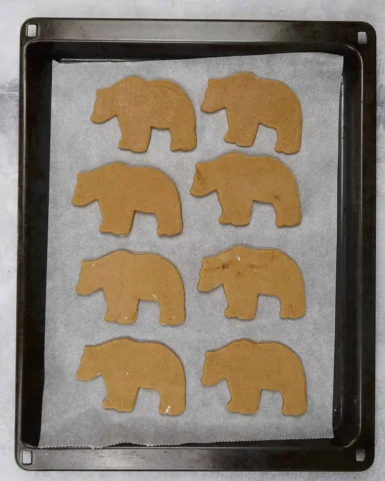Vegan gingerbread cookies shaped like bears on a baking tray ready to go in the oven and be baked