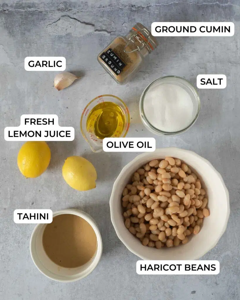 The ingredients needed to make white bean hummus
