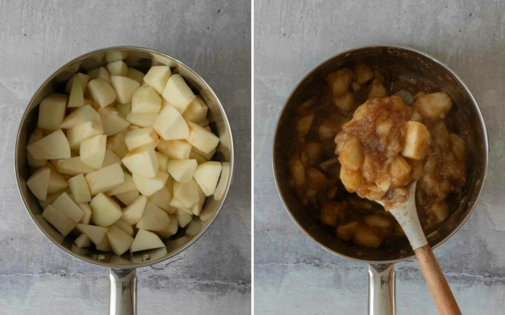 Diced apple in a saucepan, cooking down ready to make 4 ingredient apple crumble