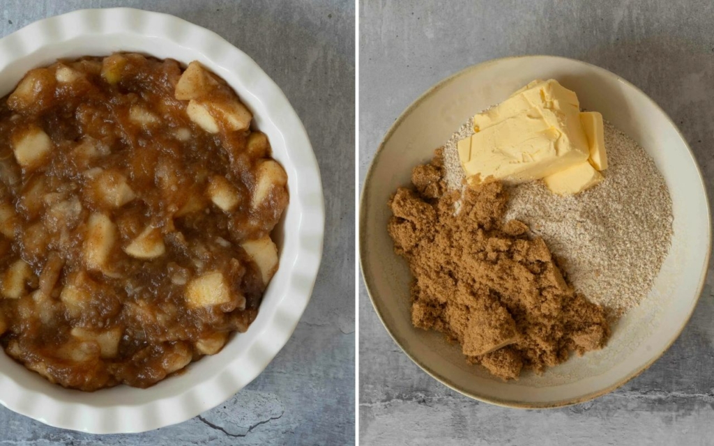 Stewed apple in a baking dish (image 1) and the vegan butter, brown sugar and oat flour in a bowl (image 2)