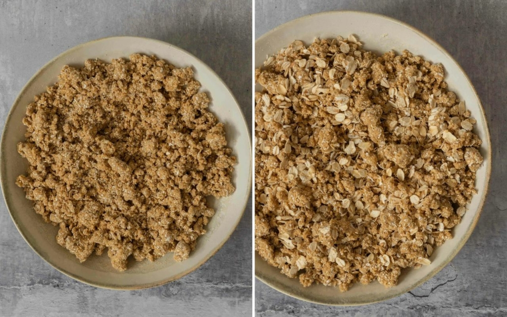 Making vegan crumble topping with oats, oat flour, butter and brown sugar