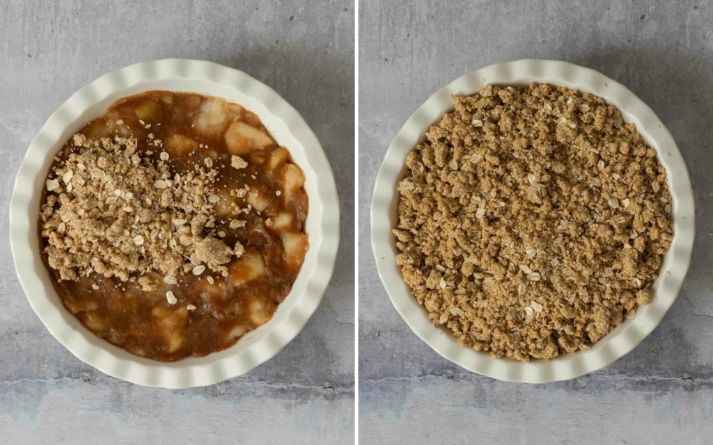 Adding vegan crumble topping to a baking dish filled with stewed apples ready to bake a 4 ingredient apple crumble
