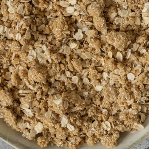 A close up photograph of freshly mixed oatmeal crumble topping, before it has been baked.