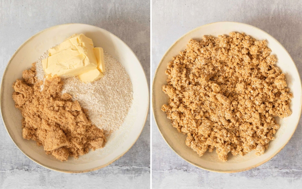 Two images showing you how to make oatmeal crumble topping; one with the ingredients in a bowl, the second with the ingredients rubbed together