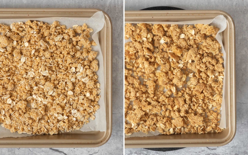 Two images showing you how to make oatmeal crumble topping; a before and after baking image