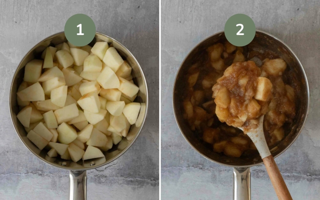 Diced apple in a saucepan, cooking down ready to make 4 ingredient apple crumble