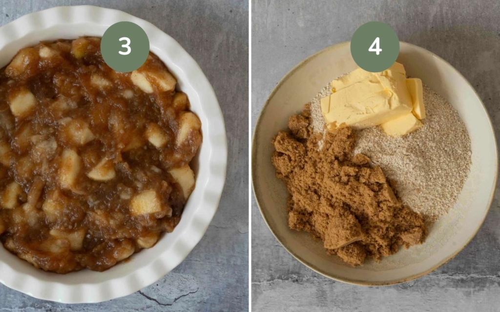 Stewed apple in a baking dish (image 1) and the vegan butter, brown sugar and oat flour in a bowl (image 2)